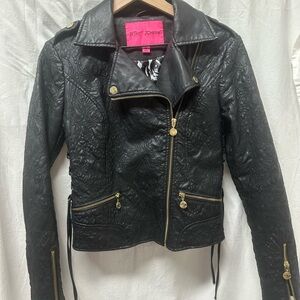 Betsey Johnson Black Faux Leather Jacket with Floral Interior